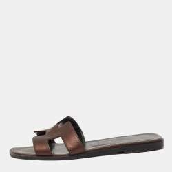 Pre Owned Hermes Metallic Dark Brown Leather Oran Flat Slides Size 37
