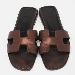 Pre Owned Hermes Metallic Dark Brown Leather Oran Flat Slides Size 37