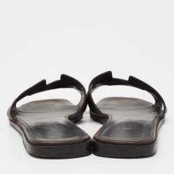 Pre Owned Hermes Metallic Dark Brown Leather Oran Flat Slides Size 37