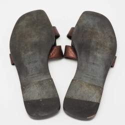 Pre Owned Hermes Metallic Dark Brown Leather Oran Flat Slides Size 37
