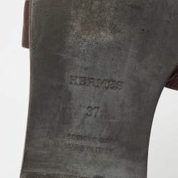 Pre Owned Hermes Metallic Dark Brown Leather Oran Flat Slides Size 37