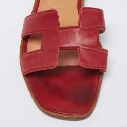 Pre Owned Hermes Red Leather Oran Flat Sandals Size 38.5