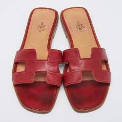 Pre Owned Hermes Red Leather Oran Flat Sandals Size 38.5