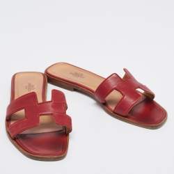 Pre Owned Hermes Red Leather Oran Flat Sandals Size 38.5