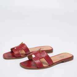 Pre Owned Hermes Red Leather Oran Flat Sandals Size 38.5