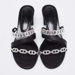 Pre Owned Hermes Black/Silver Leather Ajaccio Block Heel Slide Sandals Size 38