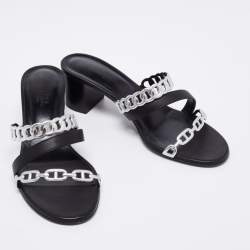 Pre Owned Hermes Black/Silver Leather Ajaccio Block Heel Slide Sandals Size 38