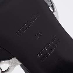 Pre Owned Hermes Black/Silver Leather Ajaccio Block Heel Slide Sandals Size 38