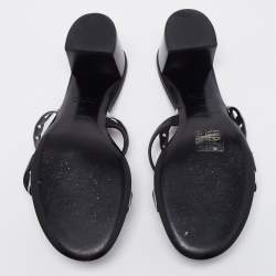 Pre Owned Hermes Black/Silver Leather Ajaccio Block Heel Slide Sandals Size 38