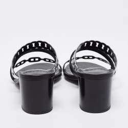 Pre Owned Hermes Black/Silver Leather Ajaccio Block Heel Slide Sandals Size 38