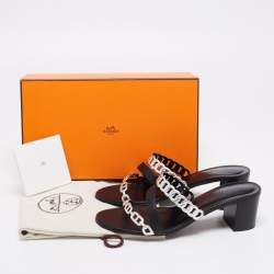 Pre Owned Hermes Black/Silver Leather Ajaccio Block Heel Slide Sandals Size 38