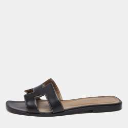 Hermes Black Leather Oran Flat Slide Sandals Size 39