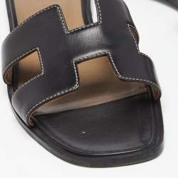 Hermes Black Leather Oran Flat Slide Sandals Size 39