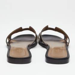Hermes Black Leather Oran Flat Slide Sandals Size 39
