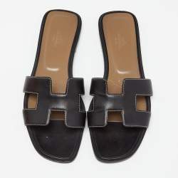 Hermes Black Leather Oran Flat Slide Sandals Size 39