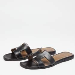 Hermes Black Leather Oran Flat Slide Sandals Size 39