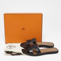 Hermes Black Leather Oran Flat Slide Sandals Size 39