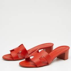 Hermes Orange Leather Oasis Slide Sandals Size 36