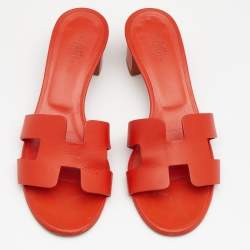 Hermes Orange Leather Oasis Slide Sandals Size 36