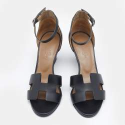 Pre Owned Hermes Black Leather Legend Ankle Strap Wedge Sandals Size 37