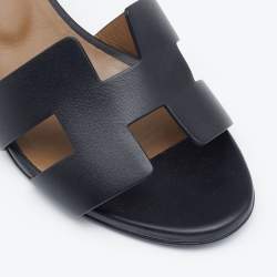 Pre Owned Hermes Black Leather Legend Ankle Strap Wedge Sandals Size 37