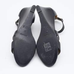 Pre Owned Hermes Black Leather Legend Ankle Strap Wedge Sandals Size 37
