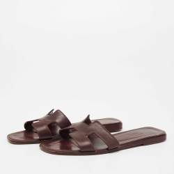Pre Owned Hermes Burgundy Leather Oran Sandals Size 36.5