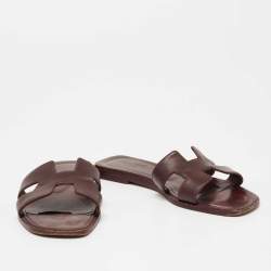 Pre Owned Hermes Burgundy Leather Oran Sandals Size 36.5