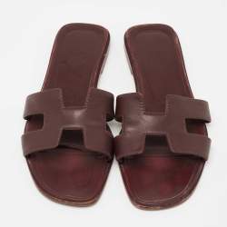 Pre Owned Hermes Burgundy Leather Oran Sandals Size 36.5