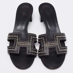 Hermes Black Leather Studded Oasis Block Heel Sandals Size 40