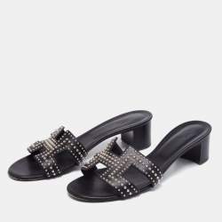 Hermes Black Leather Studded Oasis Block Heel Sandals Size 40