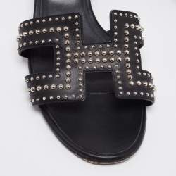 Hermes Black Leather Studded Oasis Block Heel Sandals Size 40