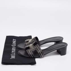 Hermes Black Leather Studded Oasis Block Heel Sandals Size 40