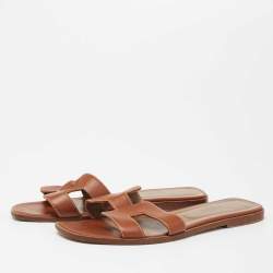 Pre Owned Hermes Brown Leather Oran Sandals Size 40.5