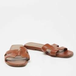 Pre Owned Hermes Brown Leather Oran Sandals Size 40.5