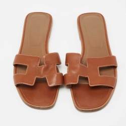 Pre Owned Hermes Brown Leather Oran Sandals Size 40.5