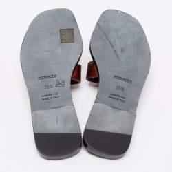 Pre Owned Hermes Bronze Leather Oran Flat Slides Size 35.5
