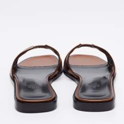 Pre Owned Hermes Bronze Leather Oran Flat Slides Size 35.5