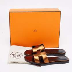 Pre Owned Hermes Bronze Leather Oran Flat Slides Size 35.5