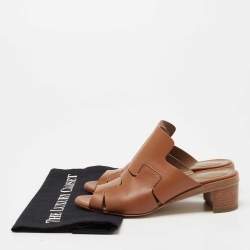 Pre Owned Hermes Brown Leather Block Heel Slide Sandals Size 36