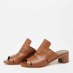 Pre Owned Hermes Brown Leather Block Heel Slide Sandals Size 36