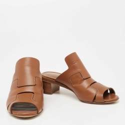 Pre Owned Hermes Brown Leather Block Heel Slide Sandals Size 36