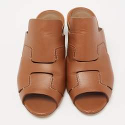 Pre Owned Hermes Brown Leather Block Heel Slide Sandals Size 36