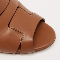 Pre Owned Hermes Brown Leather Block Heel Slide Sandals Size 36
