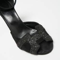 Hermes Black Suede And Glitter Embellished Krystal Ankle Strap Sandals Size 39