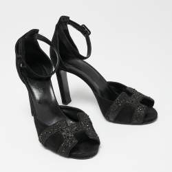 Hermes Black Suede And Glitter Embellished Krystal Ankle Strap Sandals Size 39