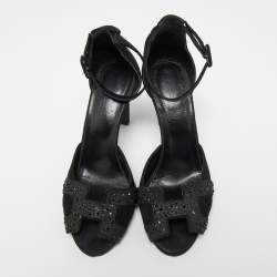 Hermes Black Suede And Glitter Embellished Krystal Ankle Strap Sandals Size 39