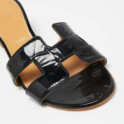 Hermes Black Patent Leather Oasis  Sandals Size 40.5