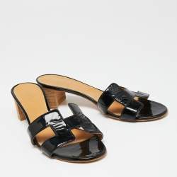 Hermes Black Patent Leather Oasis  Sandals Size 40.5