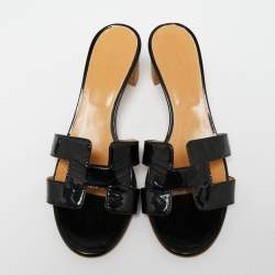 Hermes Black Patent Leather Oasis  Sandals Size 40.5